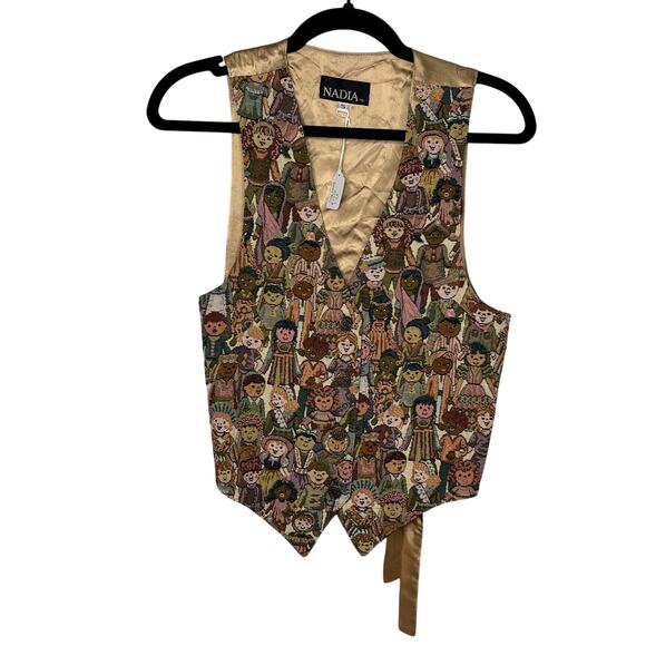 Nadia Tapestry Diversity People Vest Gold Size Small Vintage 90s Teacher Vibes - Picture 1 of 8